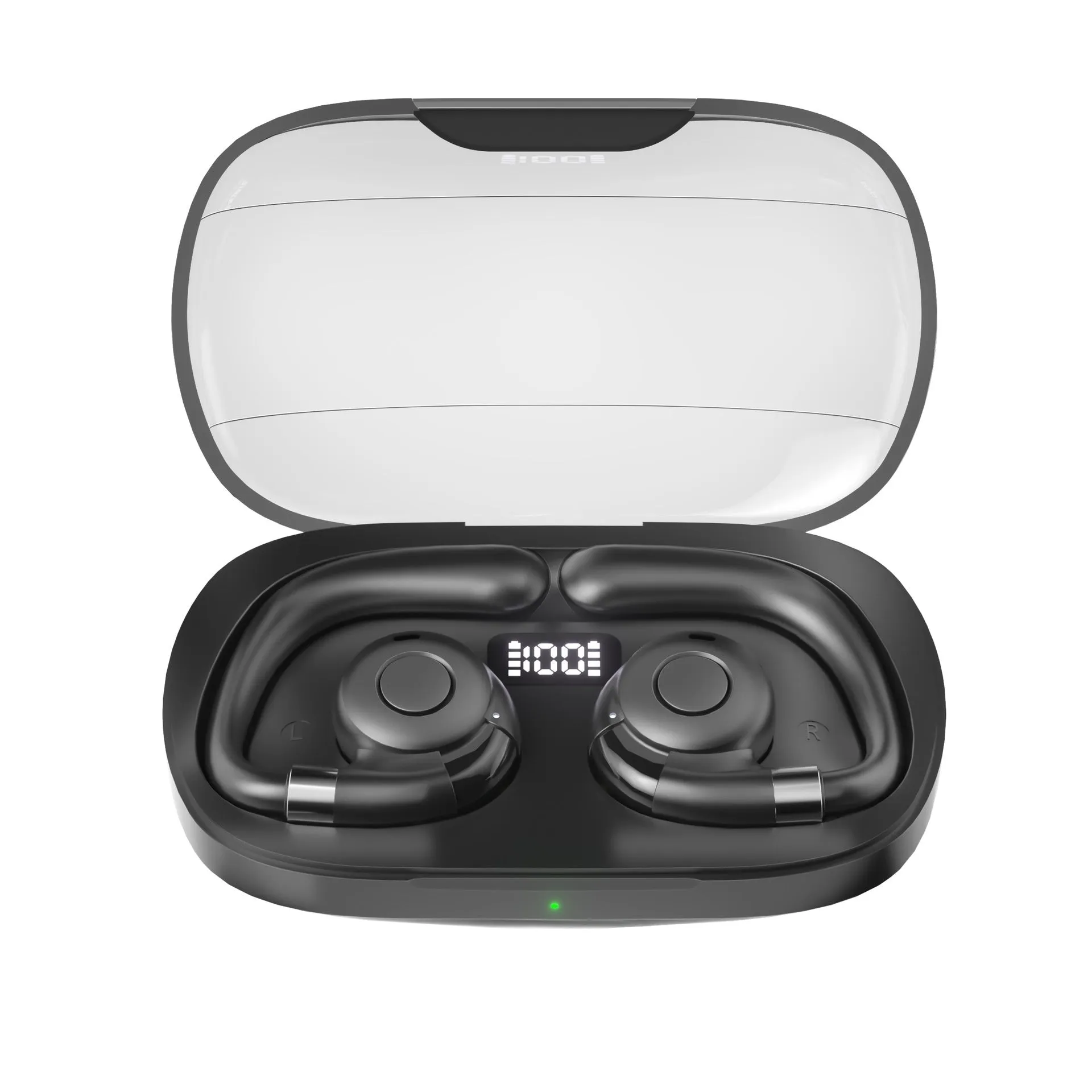 Non-entry ear-mounted wireless Bluetooth headset with digital display in black colour