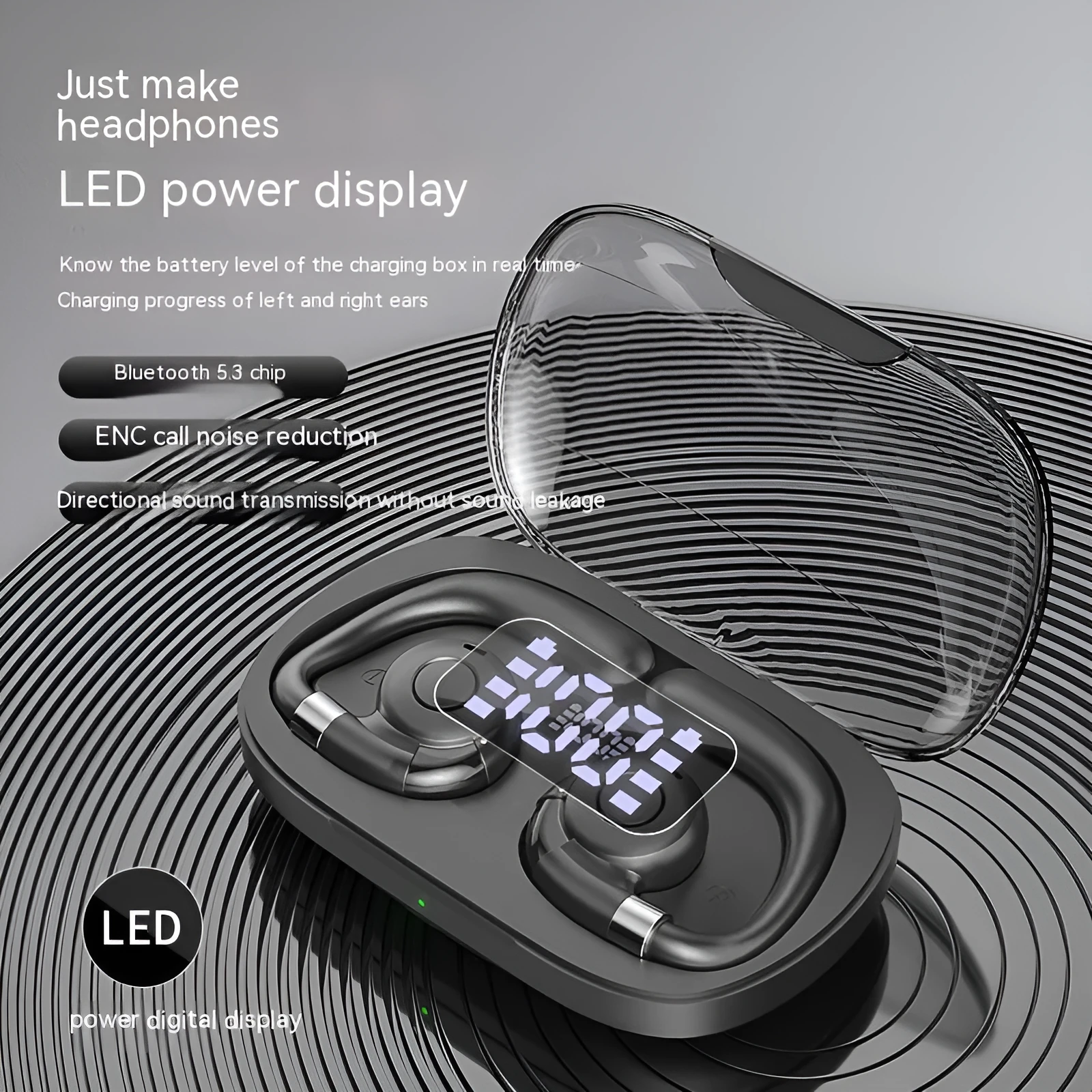 Non-entry ear-mounted wireless Bluetooth headset with digital display in black colour