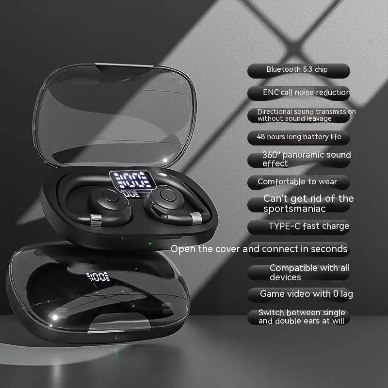 Non-entry ear-mounted wireless Bluetooth headset with digital display in black colour