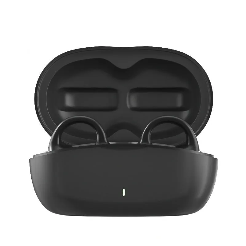 True wireless bone conduction Bluetooth headset in black with clip-type ear hooks and charging case