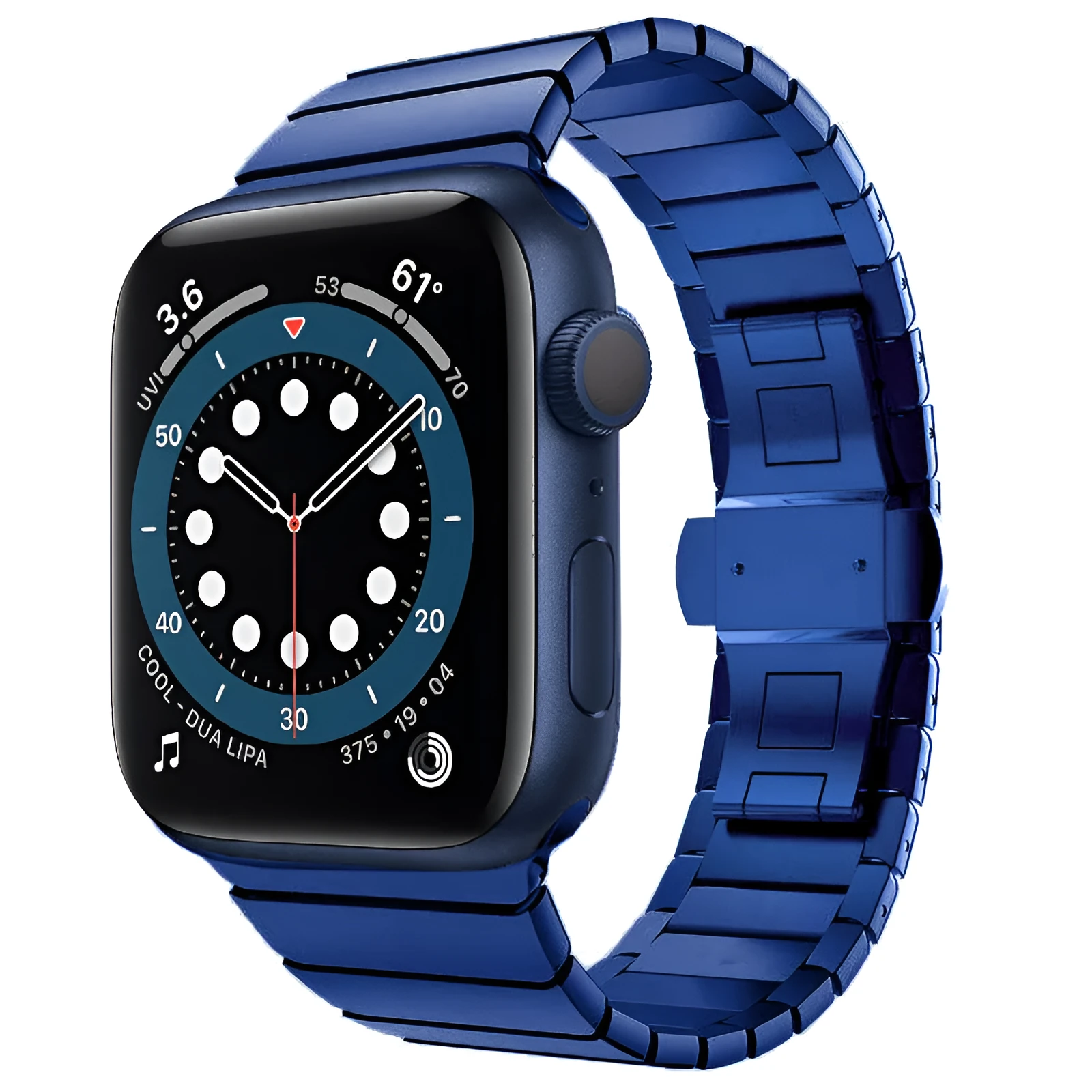 Silver metal Apple Watch strap with butterfly buckle on a 40mm watch case.