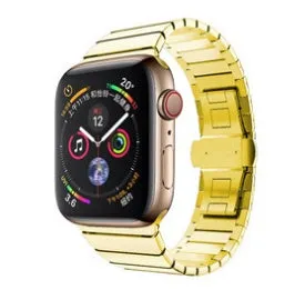 Silver metal Apple Watch strap with butterfly buckle on a 40mm watch case.