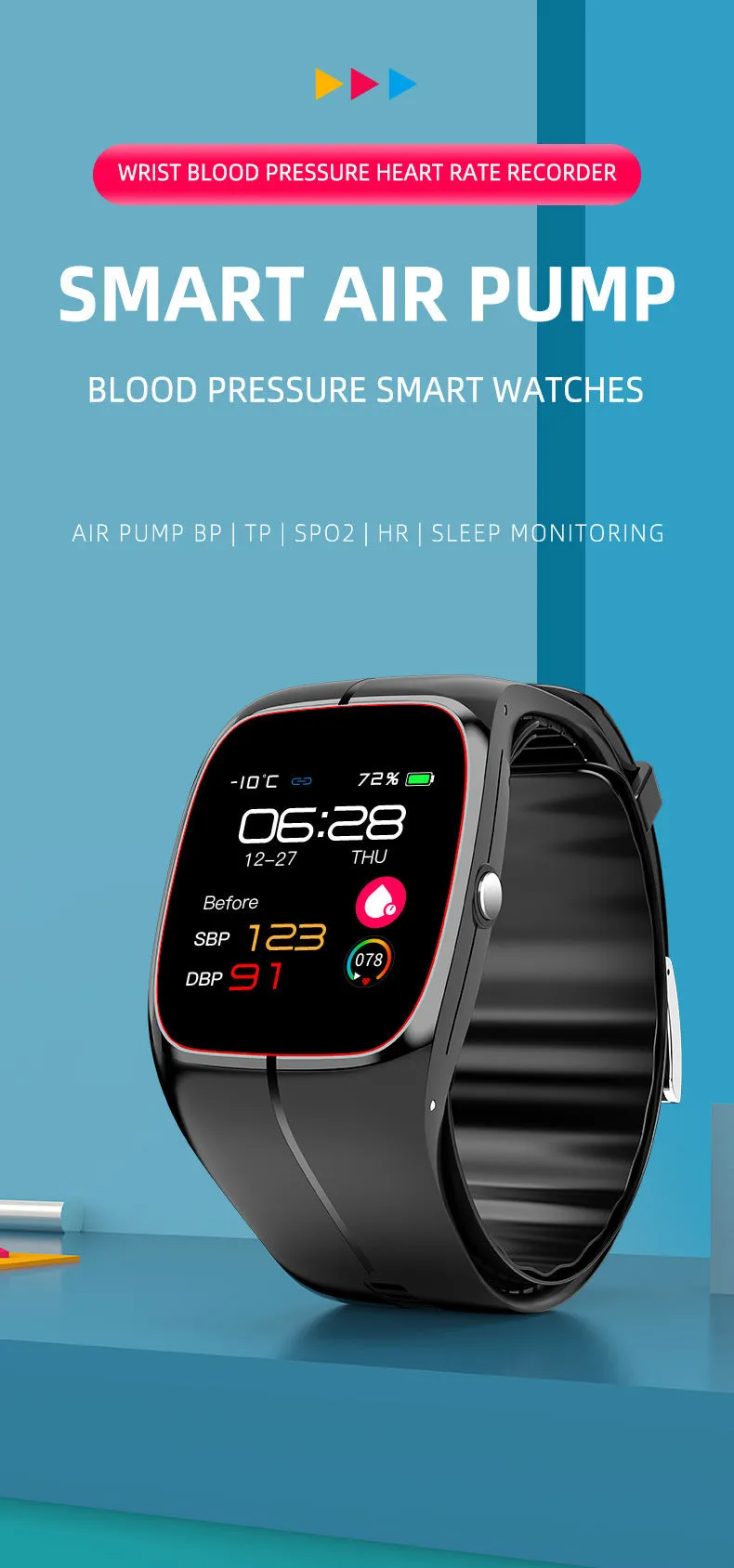 P20 Smart Watch in black showing health monitoring functions on TFT screen