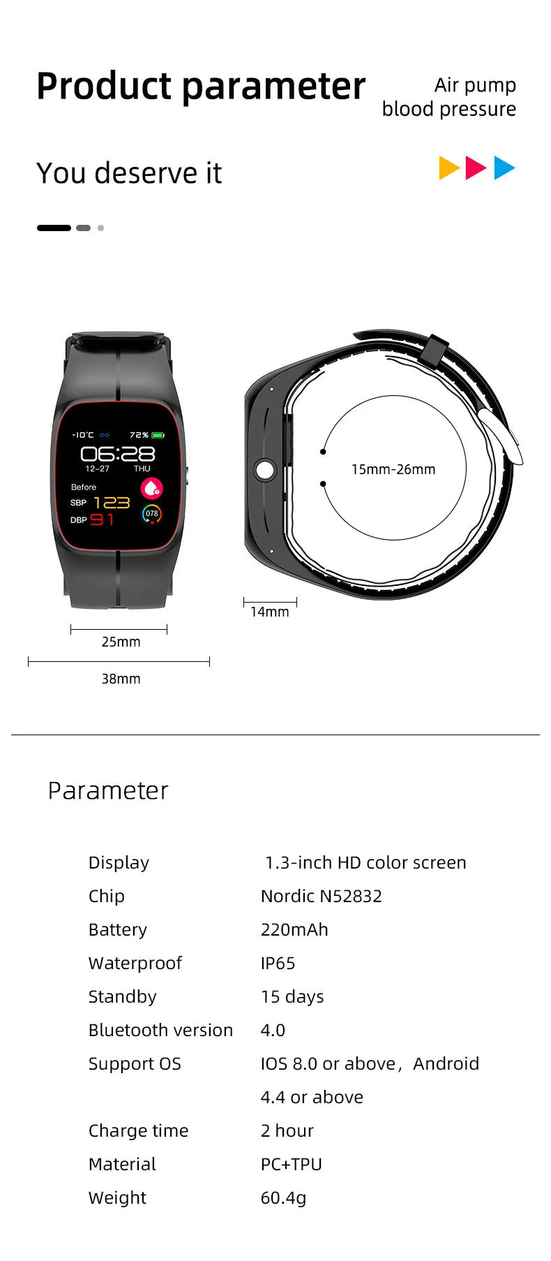 P20 Smart Watch in black showing health monitoring functions on TFT screen