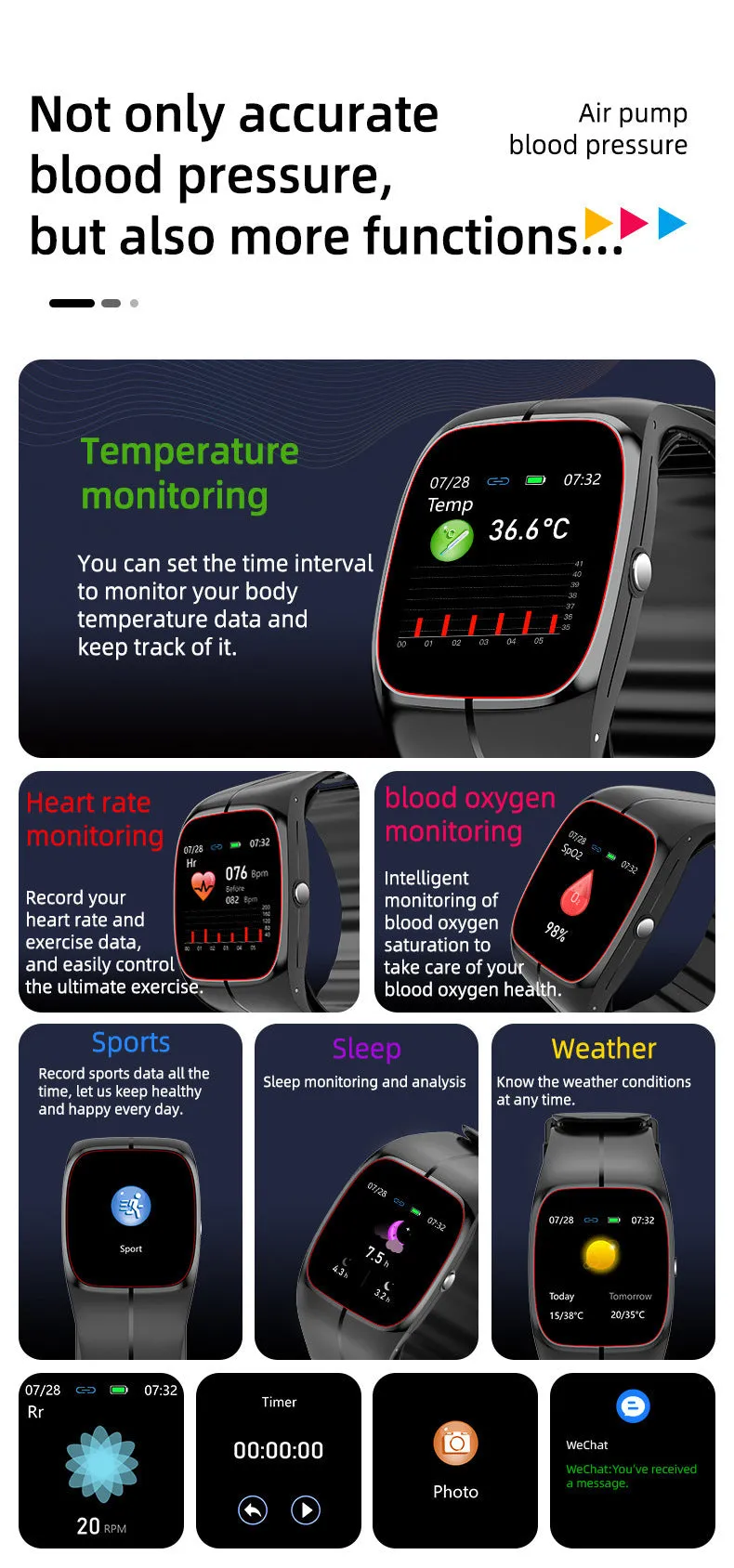 P20 Smart Watch in black showing health monitoring functions on TFT screen