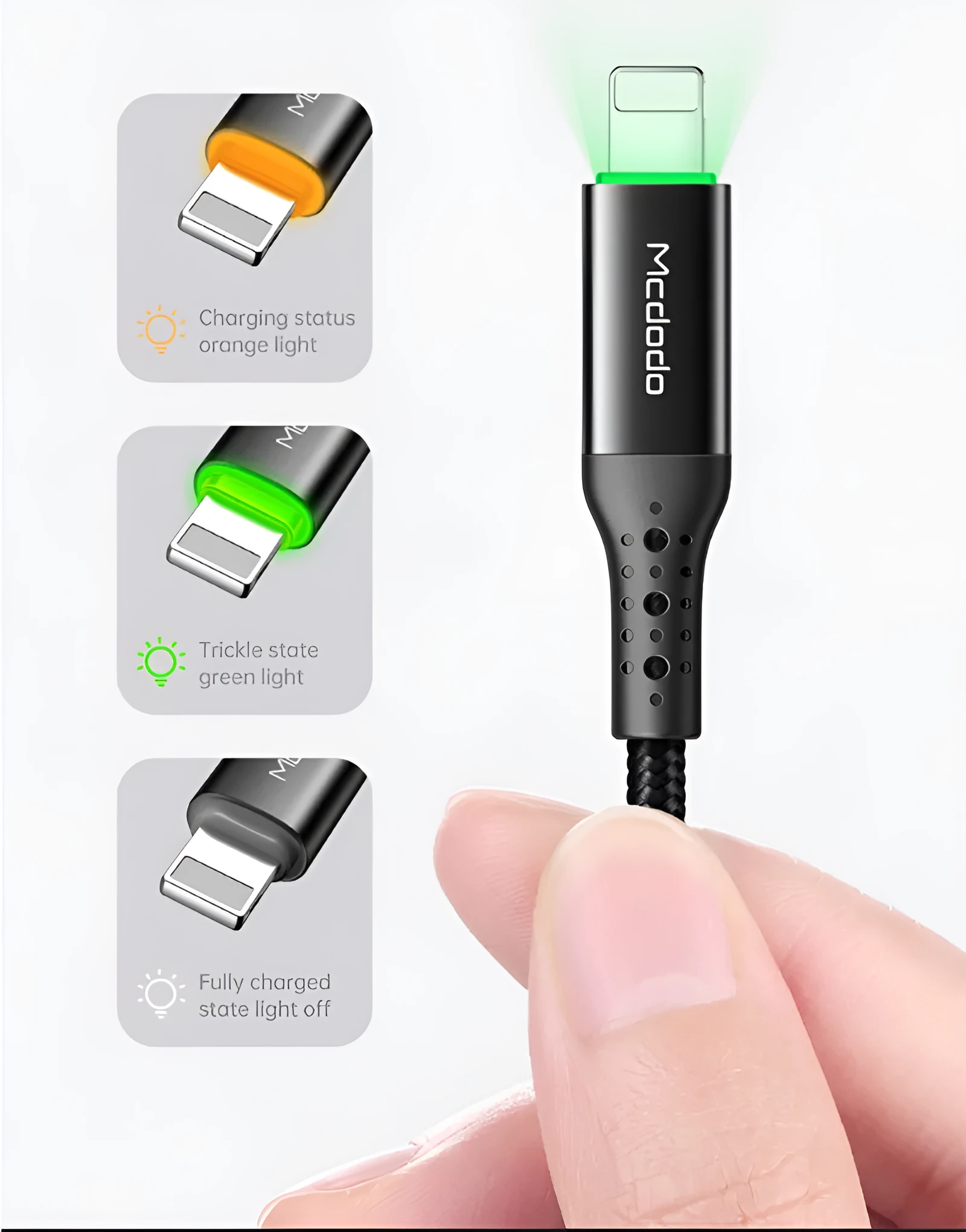 Black iPhone charging cable with LED indicator lights showing compatible Apple charging with 3A fast charging capability
