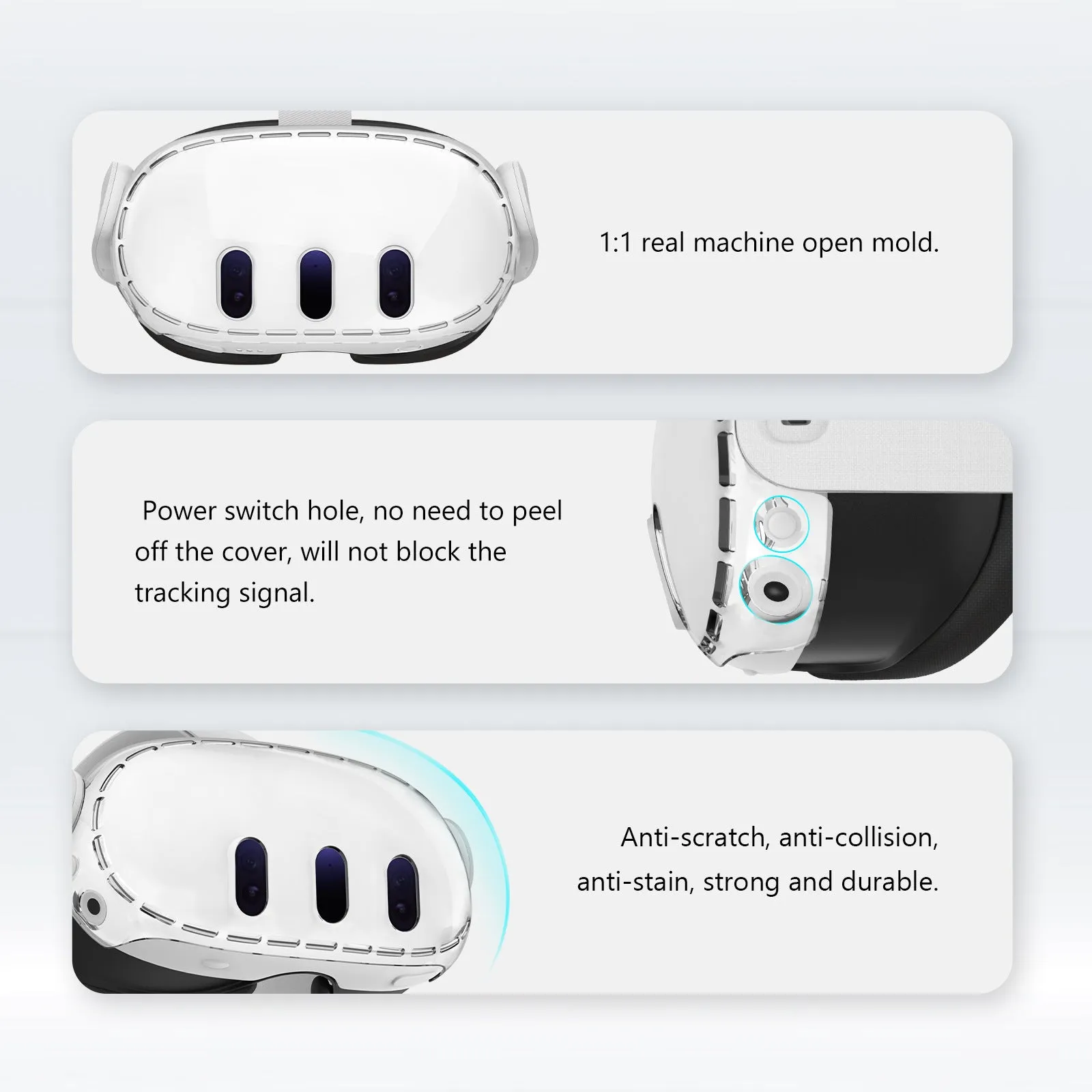 Transparent PC protective case for VR glasses with silicone edges on a white background