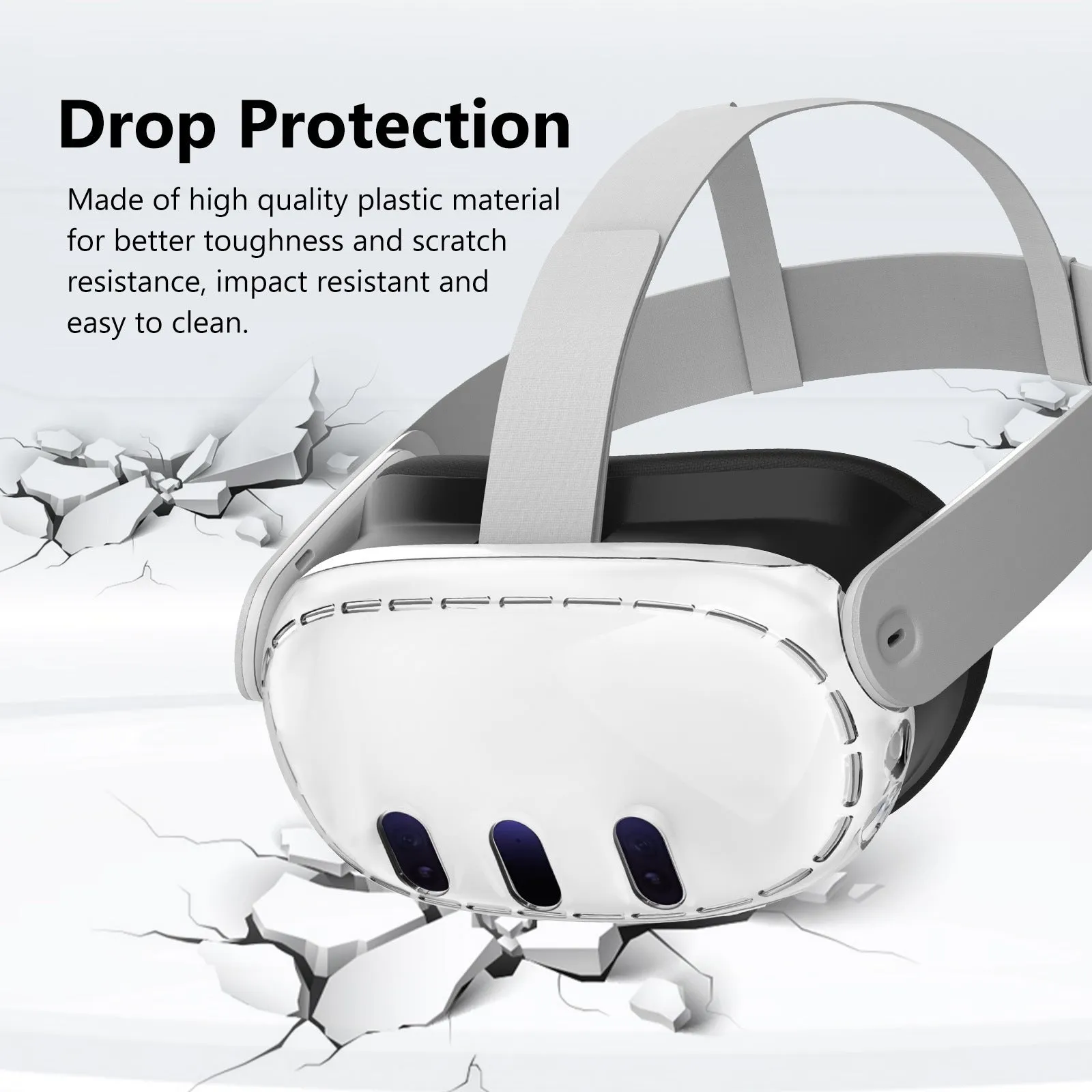Transparent PC protective case for VR glasses with silicone edges on a white background