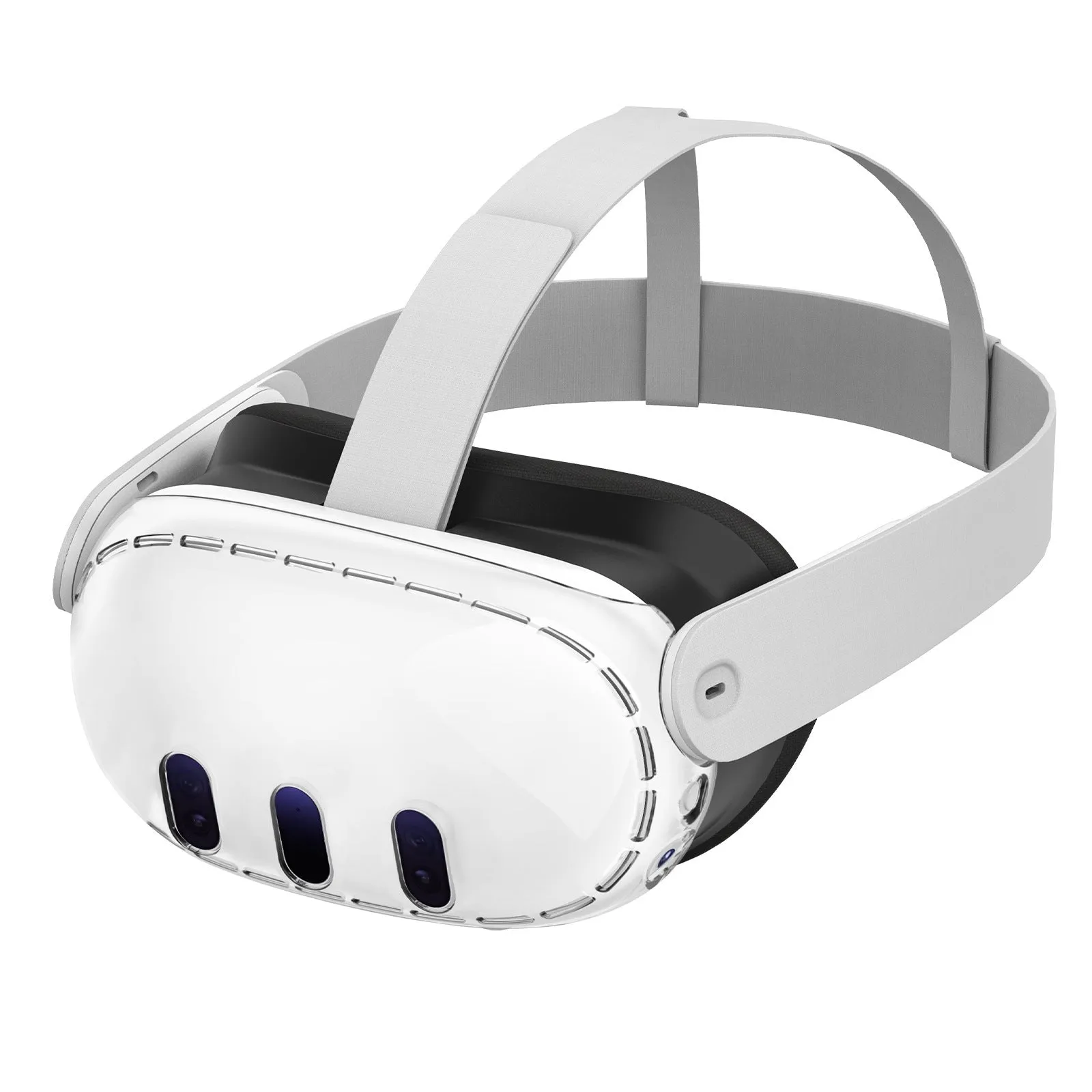 Transparent PC protective case for VR glasses with silicone edges on a white background