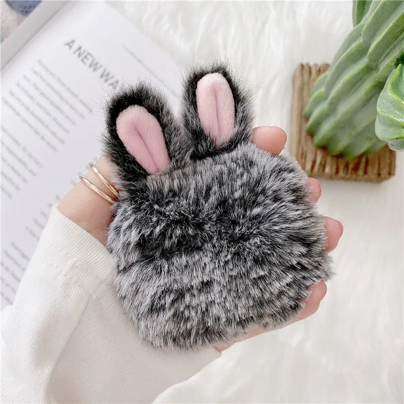 Soft plush silicone AirPods protective cover with rabbit ears design in pink and grey colours