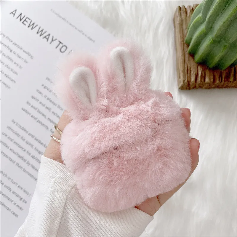 Soft plush silicone AirPods protective cover with rabbit ears design in pink and grey colours