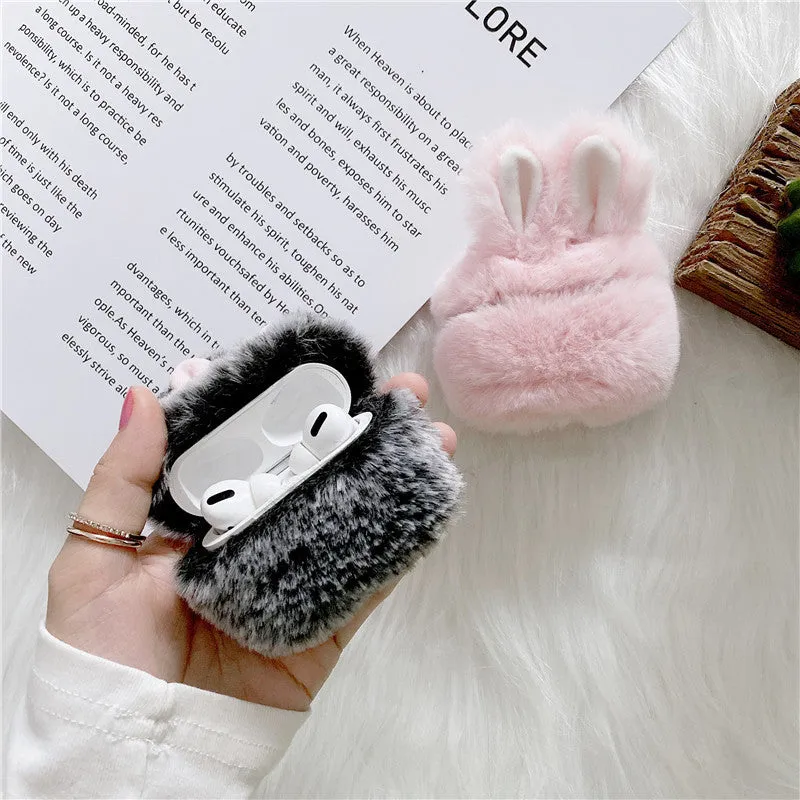 Soft plush silicone AirPods protective cover with rabbit ears design in pink and grey colours