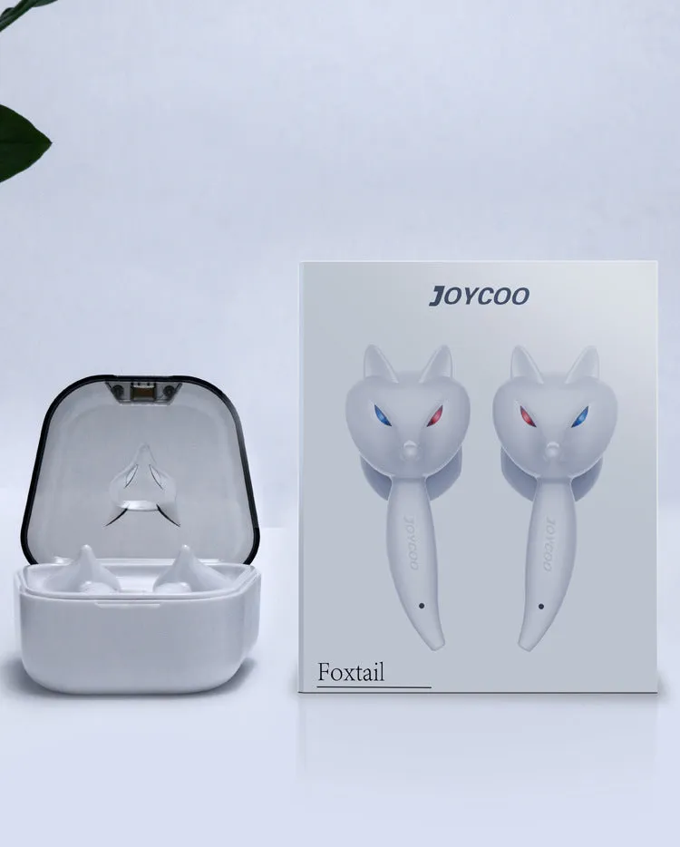 Cartoon fox Bluetooth wireless headset in red with dual earplug design and battery display