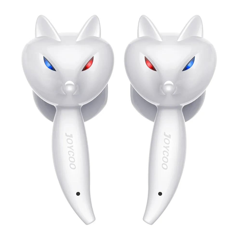 Cartoon fox Bluetooth wireless headset in red with dual earplug design and battery display
