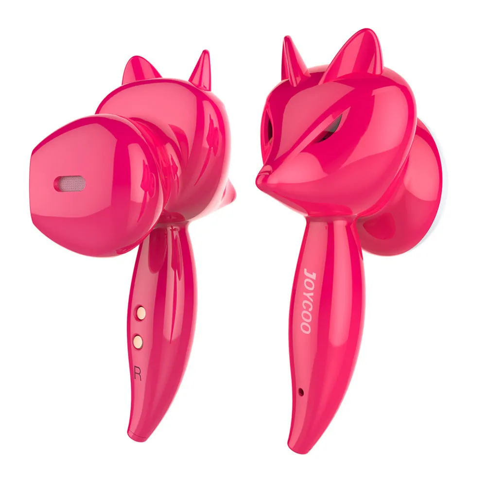 Cartoon fox Bluetooth wireless headset in red with dual earplug design and battery display