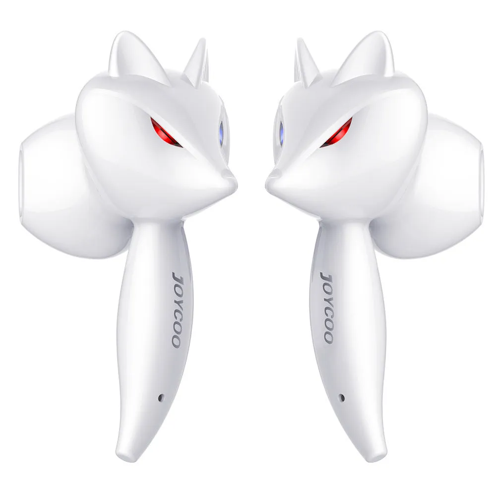 Cartoon fox Bluetooth wireless headset in red with dual earplug design and battery display