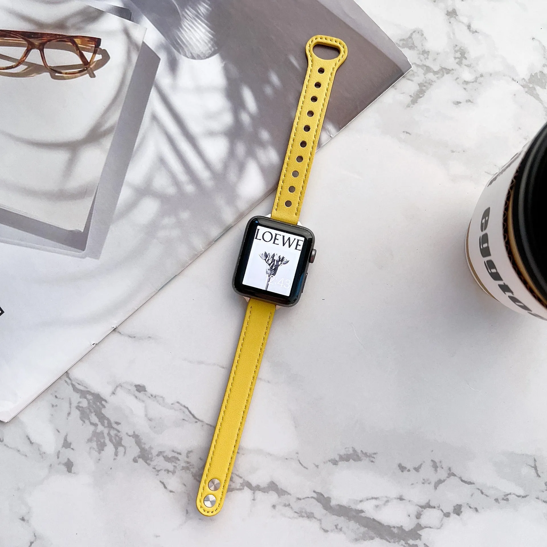 Double nail leather watch strap for Apple Watch 38mm to 45mm in black