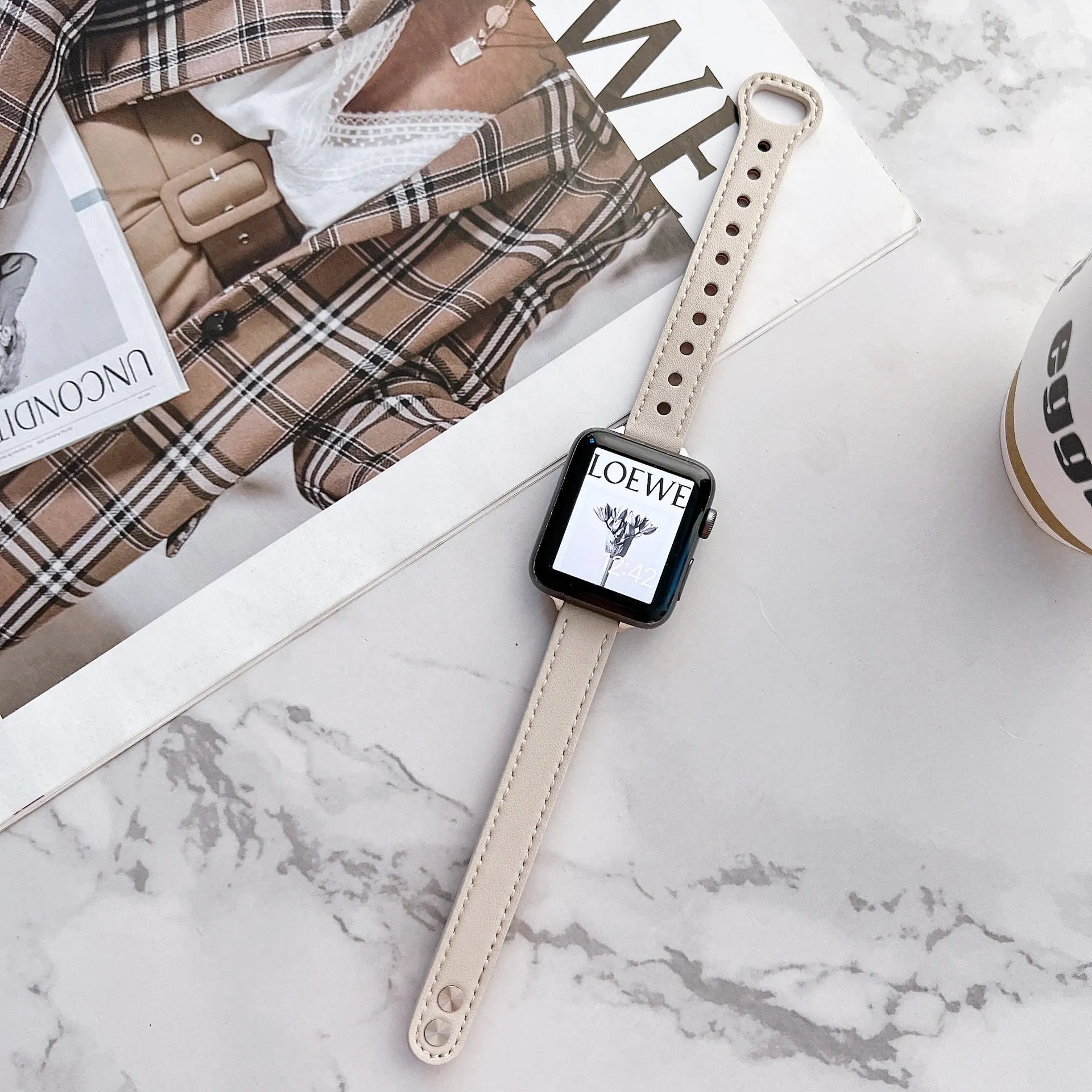 Double nail leather watch strap for Apple Watch 38mm to 45mm in black
