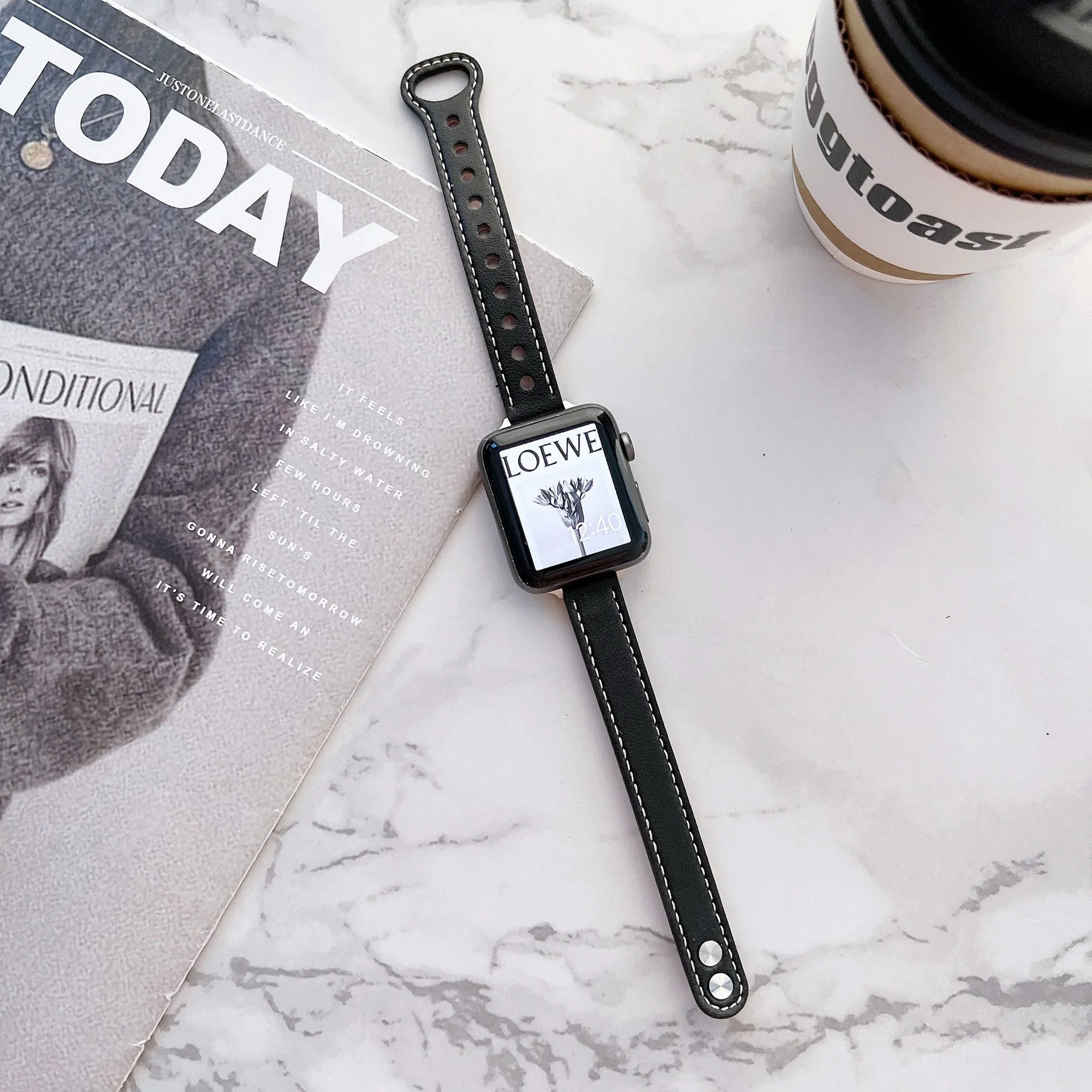 Double nail leather watch strap for Apple Watch 38mm to 45mm in black