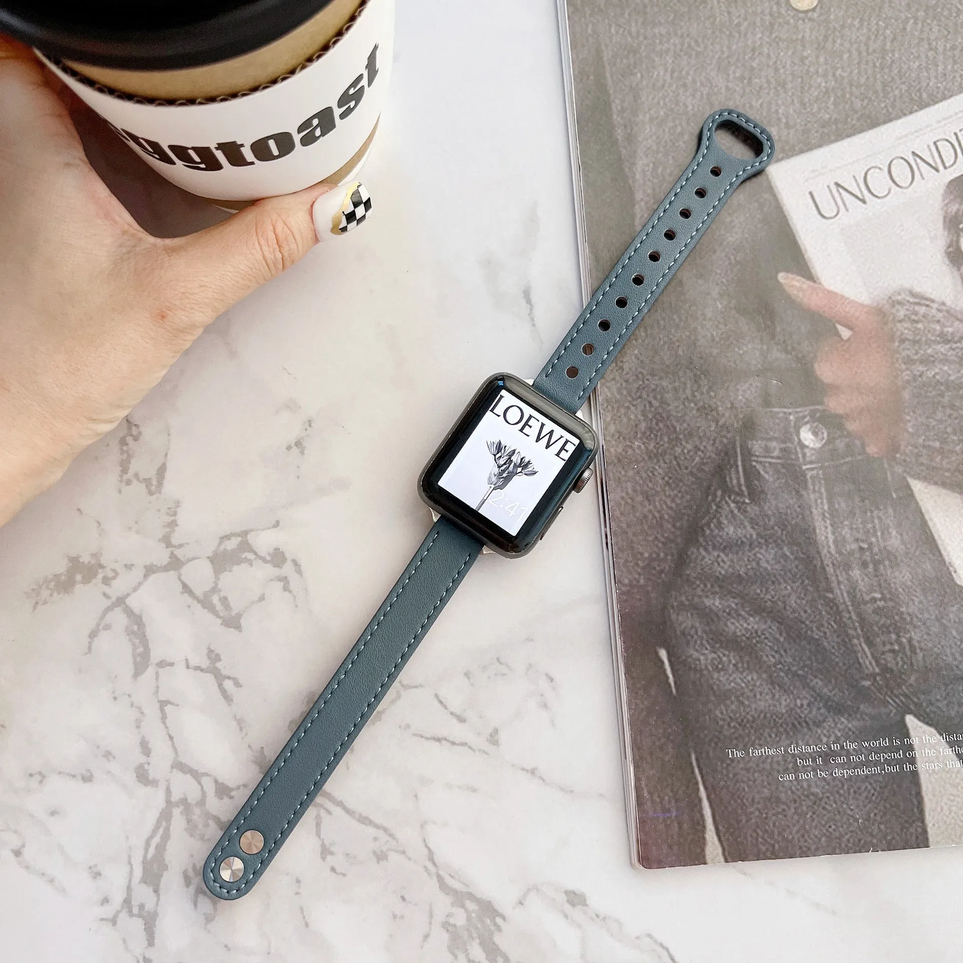 Double nail leather watch strap for Apple Watch 38mm to 45mm in black