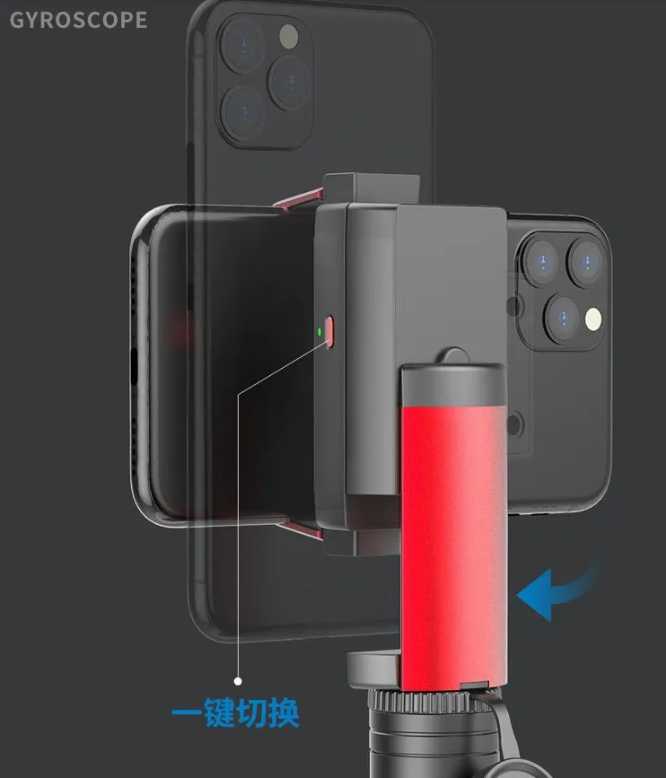 Black aluminium video balance stabiliser tripod extended with a smartphone secured in the adjustable clamp.