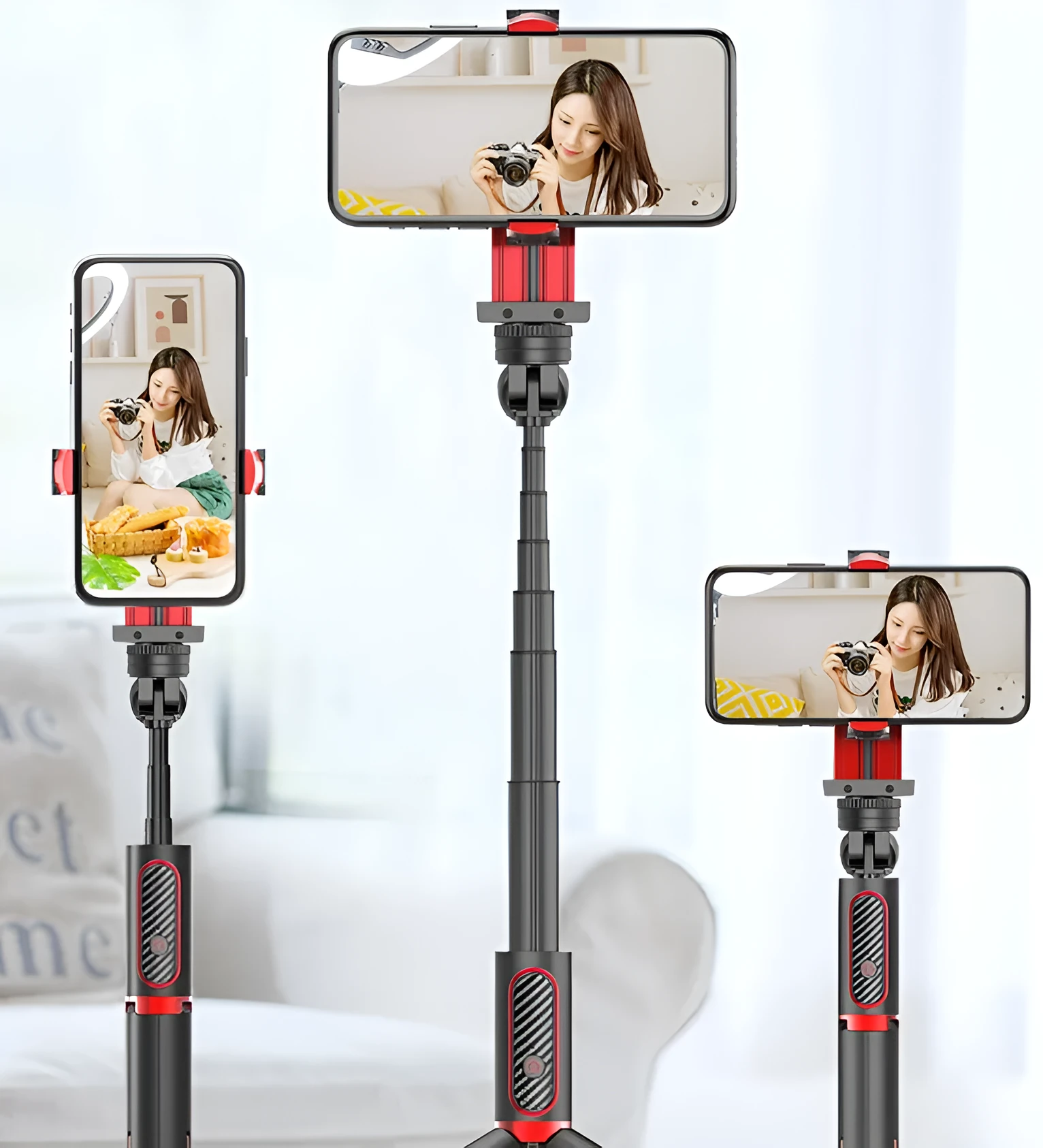 Black aluminium video balance stabiliser tripod extended with a smartphone secured in the adjustable clamp.