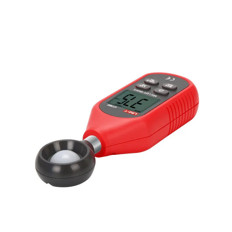 Mini lux meter UT383 with backlit display showing light reading in handheld use