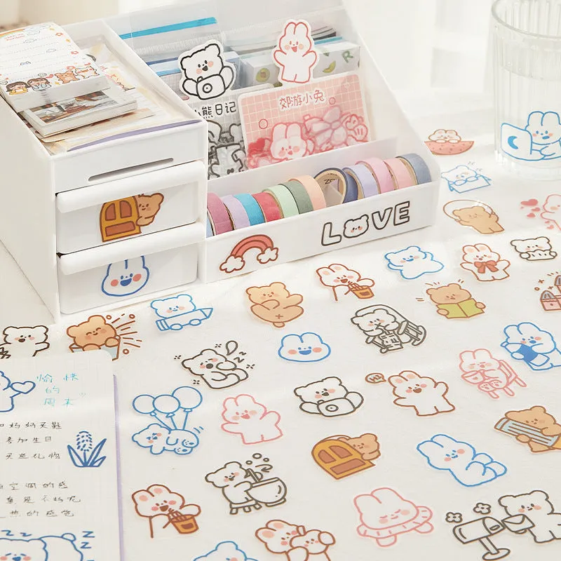 Morning Foam PET sticker pack with 40 pieces featuring bear and rabbit designs on white backing sheet