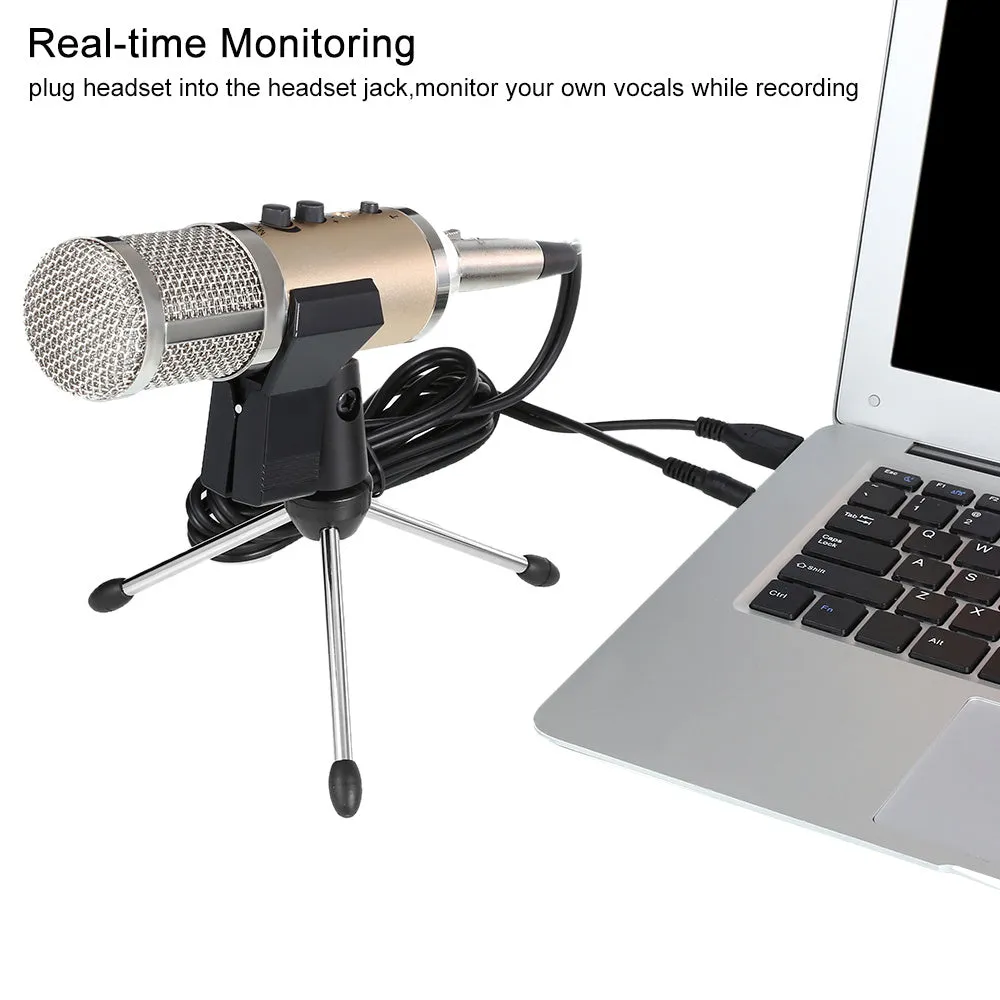 Gold USB condenser microphone on tripod stand for mobile phone and computer recording