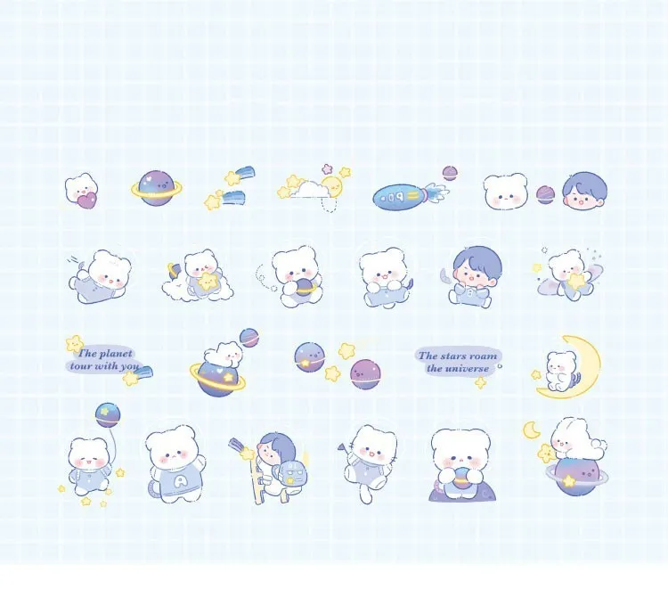 Waxy Ji Blue cartoon hand tent stickers set with 6 styles including Bear Fete and Planet Odyssey, 46 pieces, waterproof PET