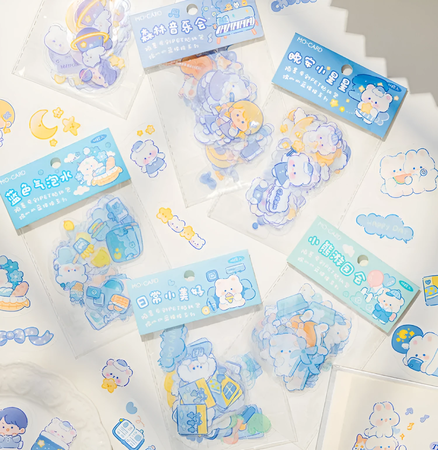 Waxy Ji Blue cartoon hand tent stickers set with 6 styles including Bear Fete and Planet Odyssey, 46 pieces, waterproof PET