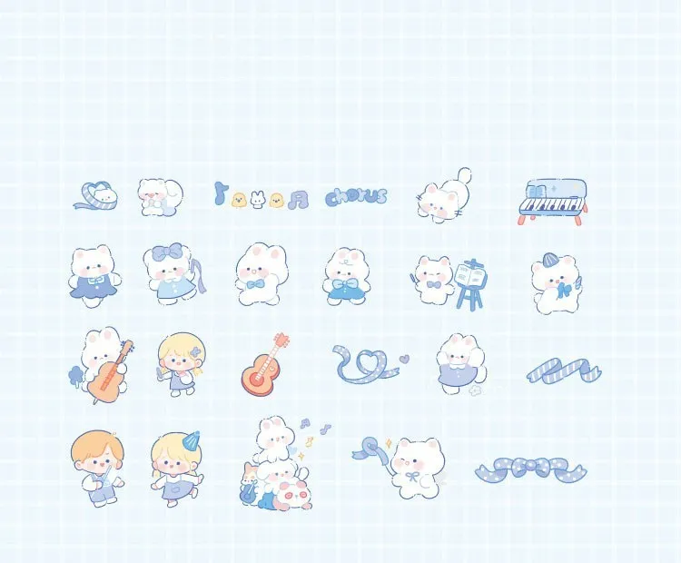 Waxy Ji Blue cartoon hand tent stickers set with 6 styles including Bear Fete and Planet Odyssey, 46 pieces, waterproof PET