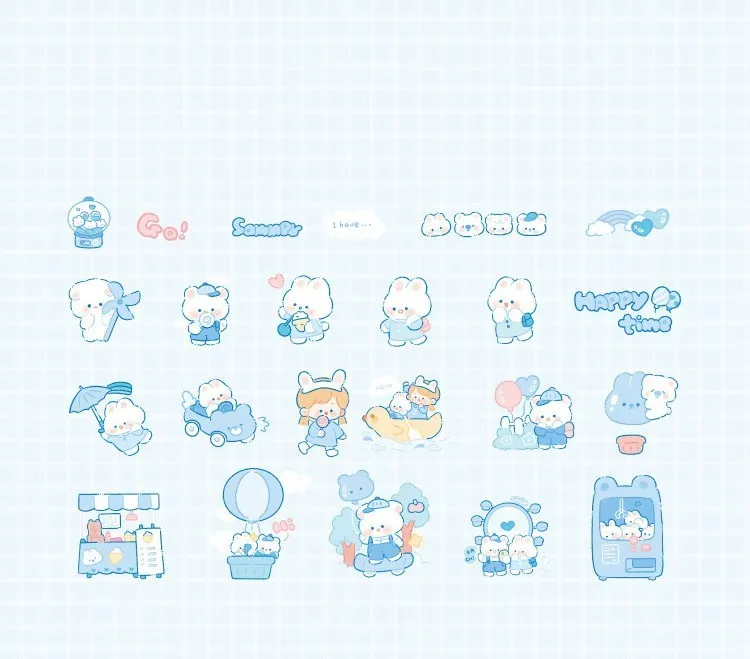 Waxy Ji Blue cartoon hand tent stickers set with 6 styles including Bear Fete and Planet Odyssey, 46 pieces, waterproof PET