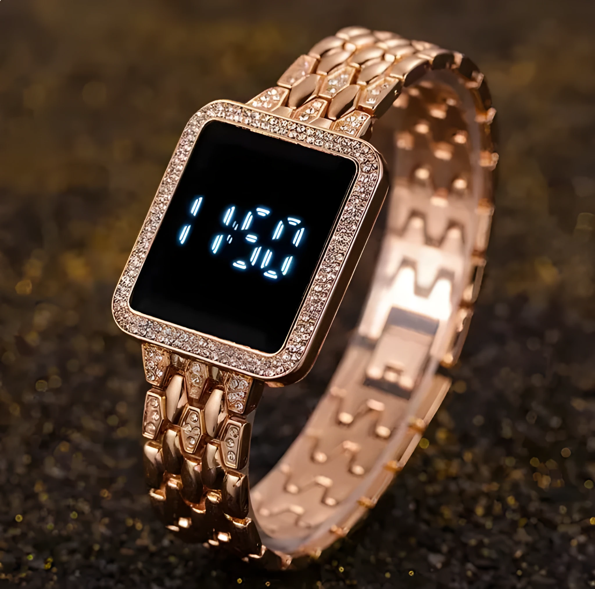 Large digital waterproof steel band watch with square dial for elderly users