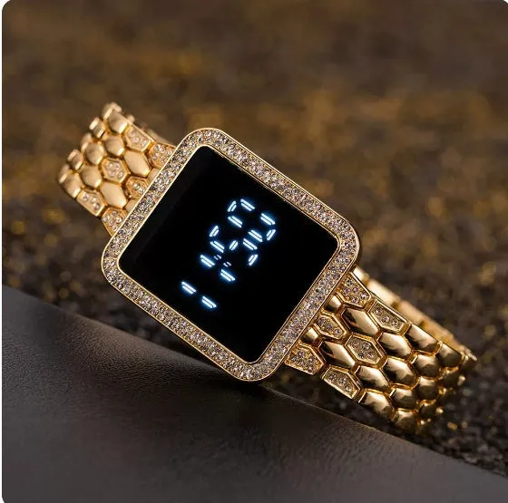 Large digital waterproof steel band watch with square dial for elderly users