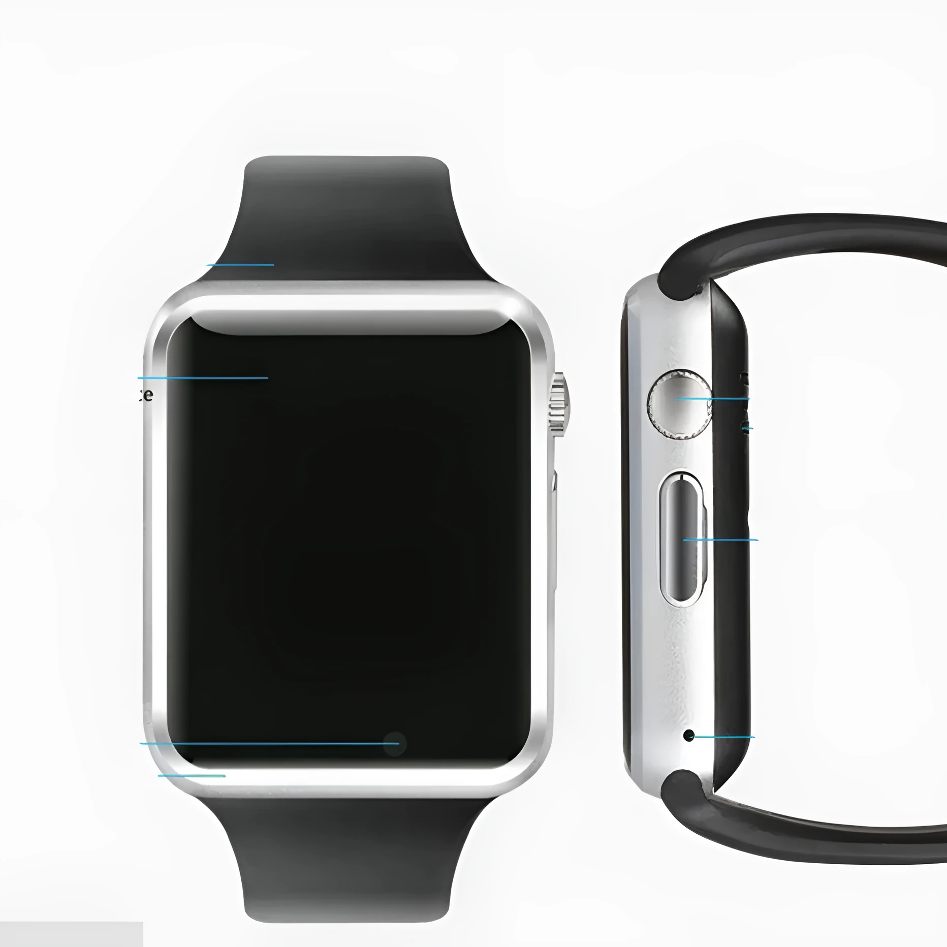 A1 Smart Watch in multiple colours on wrist showing 1.54-inch touch screen and camera.
