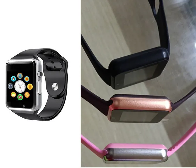 A1 Smart Watch in multiple colours on wrist showing 1.54-inch touch screen and camera.