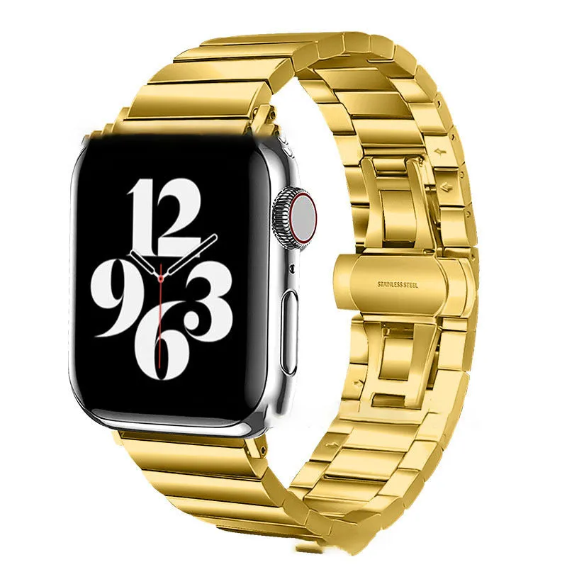 Stainless steel watch band with bamboo bow buckle and butterfly button for iwatch, silver finish