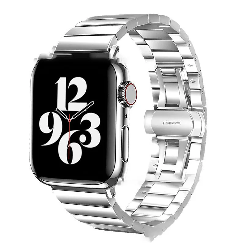 Stainless steel watch band with bamboo bow buckle and butterfly button for iwatch, silver finish