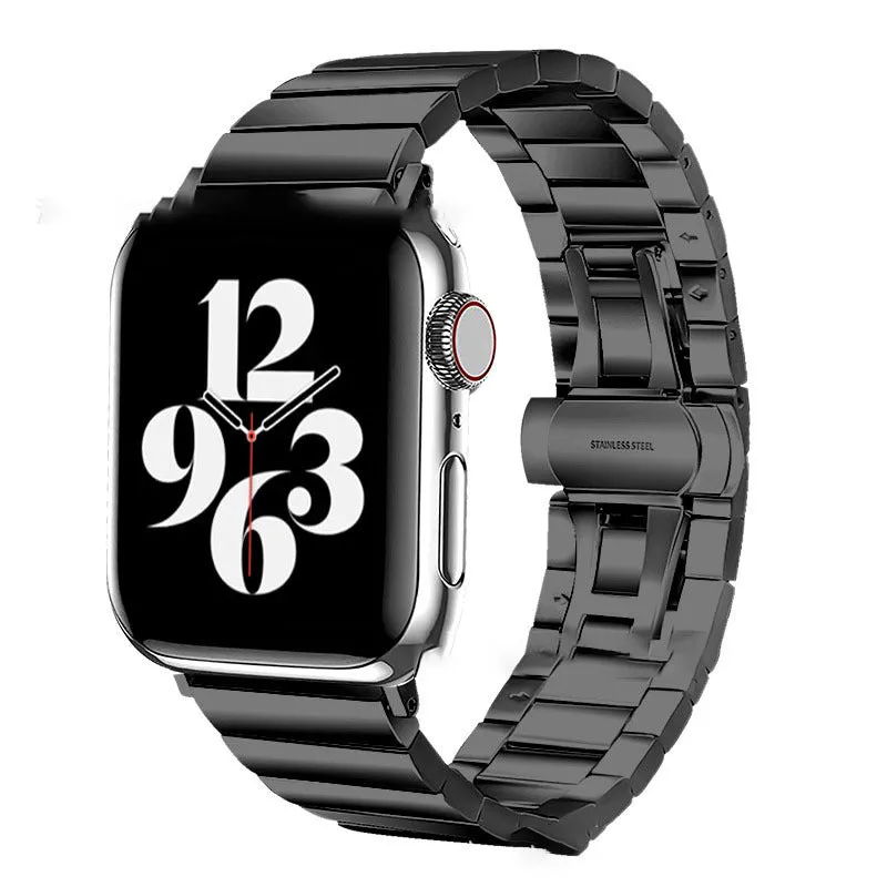 Stainless steel watch band with bamboo bow buckle and butterfly button for iwatch, silver finish