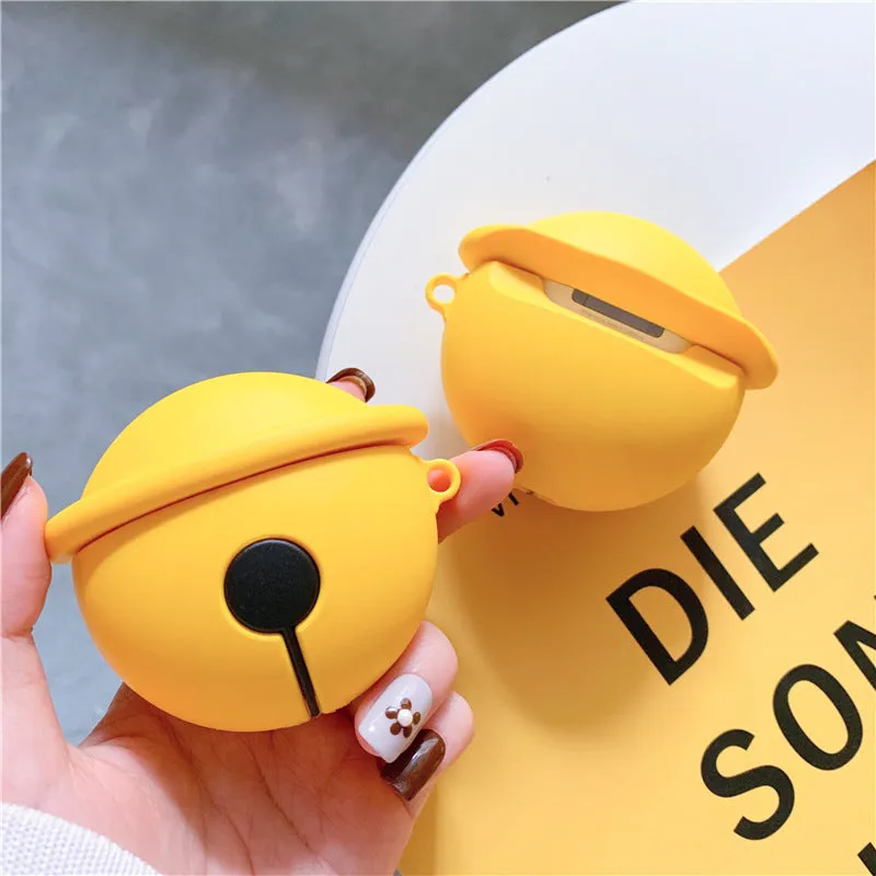 Yellow bell-shaped silicone protective case for AirPods 1st and 2nd generation with a keyring hole.