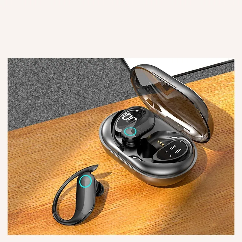 Black sports Bluetooth headset with digital display charging case and earbuds