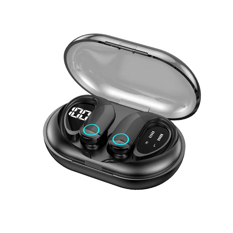 Black sports Bluetooth headset with digital display charging case and earbuds