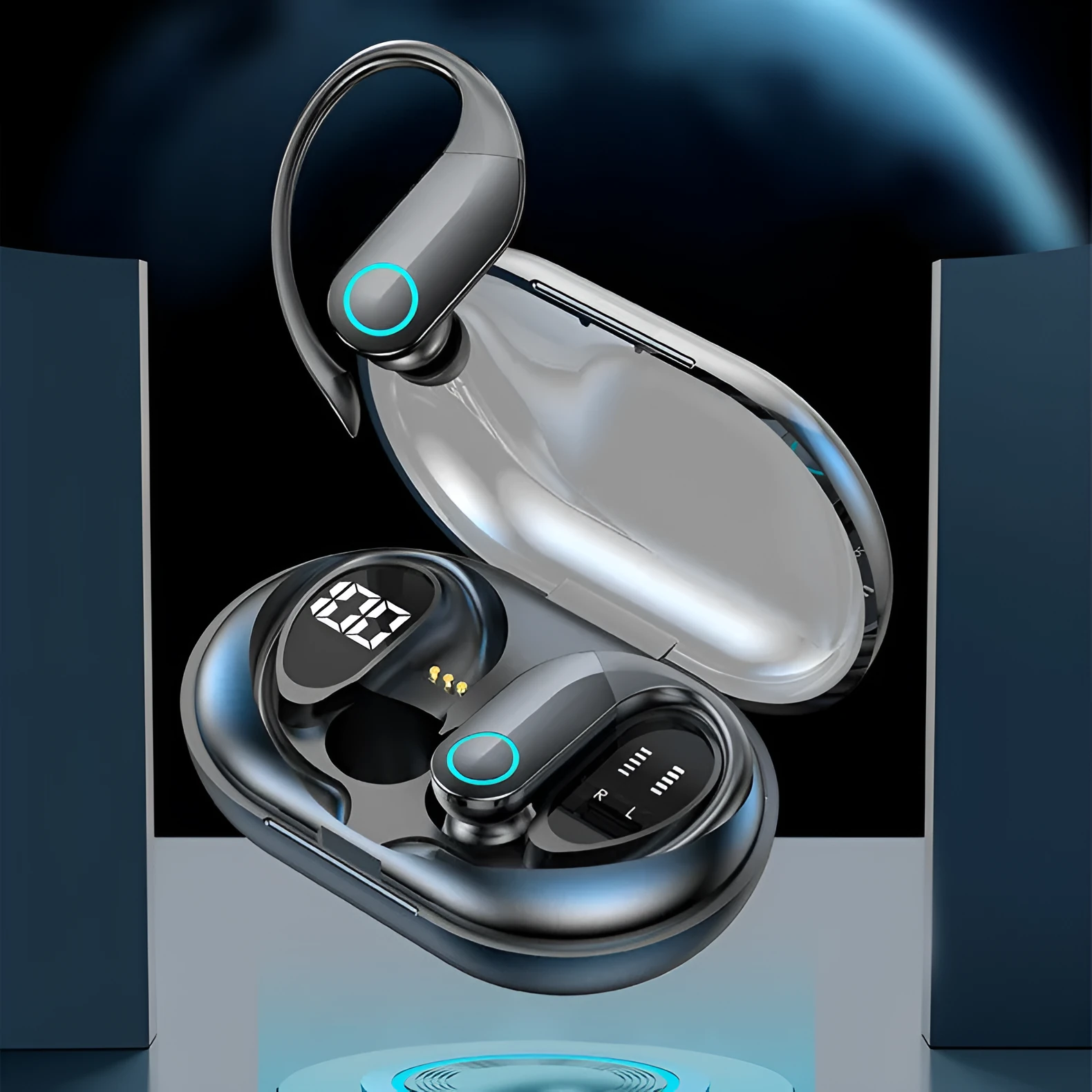 Black sports Bluetooth headset with digital display charging case and earbuds