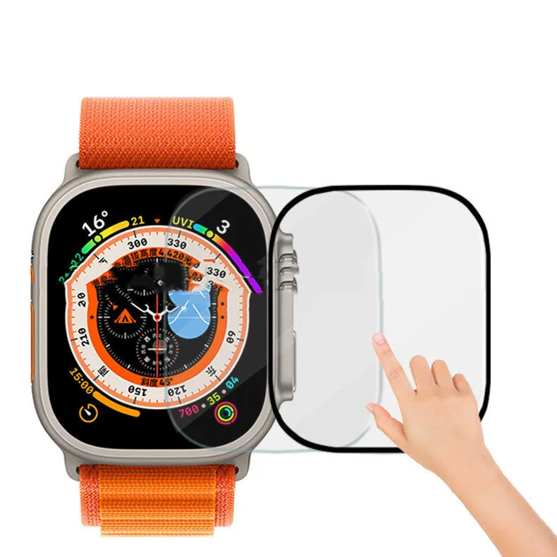 Tempered glass screen protector on an Apple Watch Ultra 49mm case, showing transparent coverage