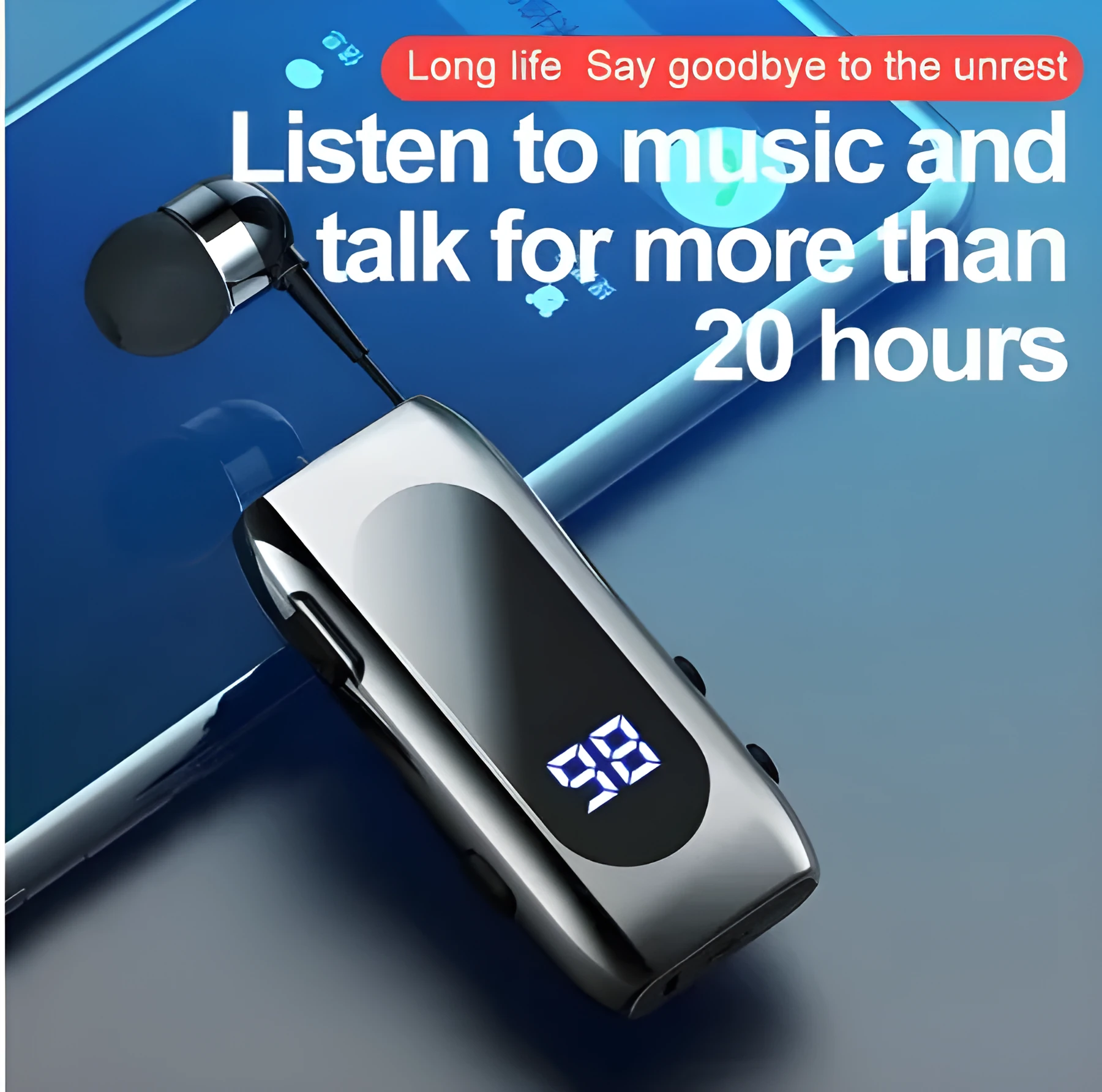 K55 Bluetooth headset wireless collar clip in black with single in-ear earpiece and clip