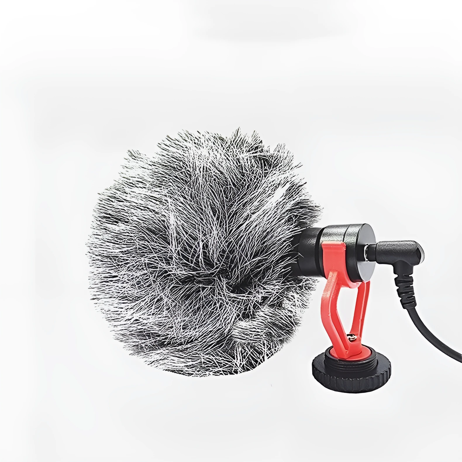 Black gun-type condenser microphone with metal housing and windproof wool cover, for mobile phone and SLR camera live streaming