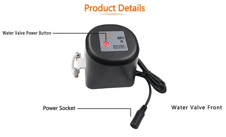 Smart wireless water shut-off valve with Zigbee, ABS fire-retardant housing, for leak detection and remote control