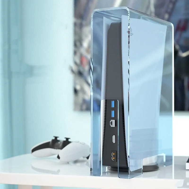 Acrylic transparent dust cover for PS4 Slim with handle storage box, clear finish, vertical and horizontal styles
