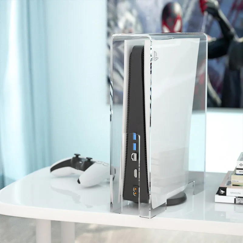 Acrylic transparent dust cover for PS4 Slim with handle storage box, clear finish, vertical and horizontal styles